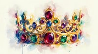 Golden royal crown with colorful gemstones in watercolor style, perfect for luxury branding, fairy tale designs, and regal themed projects.
