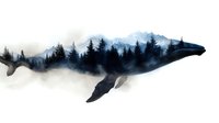 Silhouette of whale filled with misty mountain landscape and pine forest double exposure effect on white background, nature conservation concept.