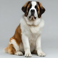 Saint Bernard puppy with tricolor coat of white, brown and black sitting against neutral gray background, perfect for pet adoption or canine care websites.