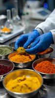 Scientist in blue gloves examining colorful spice powders in metal bowls in laboratory setting for food research or quality control.