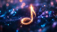 Glowing musical note formed by magical sparkles and light particles on dark background with bokeh effect, creating ethereal atmosphere for music concepts.