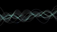 Abstract flowing wave lines in cyan and green creating dynamic energy patterns on black background for modern digital design projects.