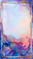 Watercolor ink wash background with soft purple, pink, blue and gold tones flowing into white center space, framed by metallic gold border, suitable for invitations and design projects.