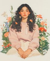 Young Asian woman with long curly dark hair wearing pink hoodie surrounded by colorful spring flowers and greenery in soft watercolor style illustration.