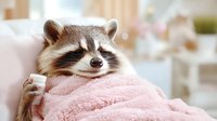 Adorable raccoon wrapped in soft pink blanket looking cozy and comfortable at home, displaying cute and playful expression while relaxing on sofa.