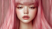 Young Asian woman with pink hair and natural makeup looking directly at camera against pink background, fashion beauty portrait with soft dreamy aesthetic.