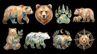 Watercolor bear illustrations set featuring brown bears, bear heads, paw prints, and forest elements isolated on transparent background. Ready for t-shirt design, clipart, stickers, sublimation, and print-on-demand products.