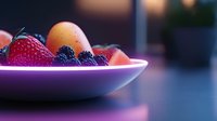 Fresh mixed berries and citrus fruits arranged in modern purple ceramic bowl against dark moody background, soft focus food photography for healthy eating blogs.