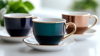 Elegant porcelain coffee cups in navy blue, emerald green and blush pink with gold trim on white saucers against bright background, modern luxury tableware set.
