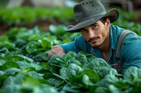 Young Hispanic farmer in hat and work clothes inspecting fresh organic spinach crop in sustainable vegetable garden during morning harvest time.