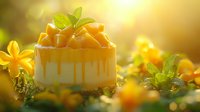Creamy cheesecake topped with fresh mango chunks and caramel drizzle on golden bokeh background with yellow flowers and mint leaves, soft dreamy atmosphere.