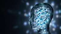 Transparent glass human head profile with glowing blue digital brain network connections representing artificial intelligence and neural pathways.