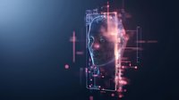 Digital profile silhouette with glowing circuit patterns and geometric elements on dark background, representing artificial intelligence and machine learning technology.