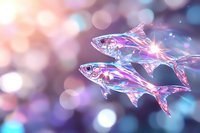 Luminescent crystal fish swimming in magical bokeh atmosphere with pink and blue glowing lights, creating ethereal underwater fantasy scene.