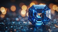 Asscher cut sapphire gemstone on dark surface with golden bokeh lights background, luxury jewelry concept for precious stone collectors and designers.