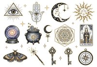 Mystical occult symbols and celestial elements including eye, hamsa hand, crescent moon, sun, crystal ball, cauldron, sacred geometry, tarot card, moth, wand, keys and compass on white isolated background for design projects.