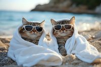 Two tabby cats wrapped in white towels wearing matching sunglasses relaxing on sandy beach with ocean and rocky coast in background. Summer vacation concept.
