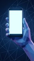 Low poly hand holding smartphone with blank white screen on geometric network background for mobile app mockup and digital technology presentations.