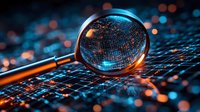 Magnifying glass on digital circuit board with glowing blue network connections and orange bokeh lights creating futuristic technology concept.