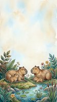 Watercolor capybara family resting by a pond with lush greenery, flowers, and lily pads, with copy space above for text or design.