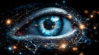 Cosmic eye with glowing blue iris surrounded by constellation patterns and light particles against dark space background, representing vision and universe connection.