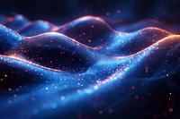 Abstract digital waves with glowing blue and orange particles creating dynamic flow effect against dark background, perfect for technology and innovation designs.