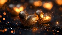 Golden glittery hearts on dark background with magical bokeh lights and sparkles, romantic atmosphere for Valentine's day cards and love concepts.