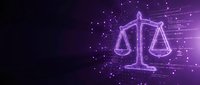 Digital justice scales glowing in purple neon light with connected network lines and particles on dark background for legal technology concepts.
