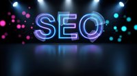 Glowing neon SEO letters on dark stage with colorful bokeh lights and spotlights for digital marketing and search engine optimization concepts.