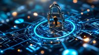 Glowing padlock on digital circuit background with blue cybersecurity interface and futuristic HUD elements, concept of network protection and data privacy.