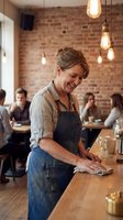 Caucasian female barista in her forties wearing denim apron and plaid shirt, wiping counter in modern cafe with exposed brick walls and pendant lighting, customers dining in background.