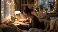 Young woman studying at home in cozy bedroom with warm lighting, writing in notebook while using laptop for online learning or remote work at night.
