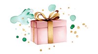 Pink gift box with golden ribbon and bow, surrounded by mint green watercolor splashes and gold glitter dots on white background, festive celebration design element.