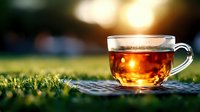 Glass cup of aromatic tea on checkered napkin in garden during golden sunset, steam rising from hot beverage against blurred natural bokeh background.