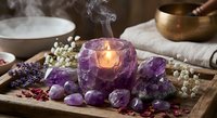Amethyst crystal candle holder with burning flame surrounded by purple gemstones and dried flowers on wooden tray for meditation and spiritual healing rituals.