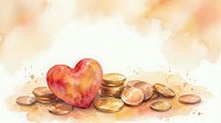 Watercolor heart with gold coins on soft beige background, symbolizing love, wealth, and financial generosity for Valentine or charity design.