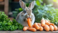 Adorable fluffy rabbit eating fresh carrot among vegetables and greens on wooden surface in garden setting, close-up portrait of bunny with natural bokeh background.