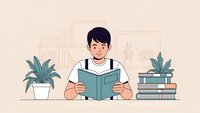 Young Asian male student reading book at desk with plants and stack of books in modern study room for education and learning concept.