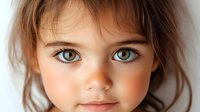 Close up portrait of young girl with striking green eyes and brown hair looking directly at camera with innocent expression against soft blurred background.