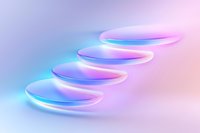 Glowing neon circles in ascending pattern against soft gradient background create futuristic minimalist composition with pink and blue light effects.