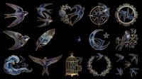 Isolated silhouette tattoo designs featuring birds, celestial elements, and decorative motifs on transparent background. Ready for t-shirt design, clipart, stickers, sublimation, and print-on-demand products.
