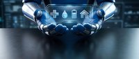 Robotic hands holding glowing healthcare icons including medical cross, water droplet, and medicine bottle for digital health technology and innovation concepts.