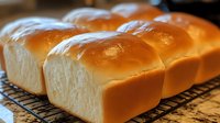 Fresh baked golden milk bread loaves cooling on wire rack, showing soft texture and glossy top crust, ready for serving or packaging.
