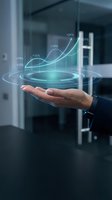 Businessman holding digital holographic growth chart with upward trending lines and percentage increases, representing financial success and data analytics for business presentations.