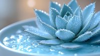 Delicate blue succulent plant with water droplets and sparkles in soft focus macro photography, creating serene and ethereal atmosphere for wellness and spa designs.