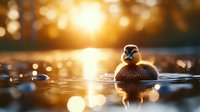 Adorable duckling swimming alone at sunset, golden light reflecting on calm water surface creates magical atmosphere for wildlife photography.