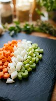 Fresh diced vegetables on slate board with carrots, onions and celery for cooking preparation in rustic kitchen setting for healthy meal recipes.