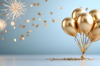 Golden balloons with fireworks display against light blue background, festive celebration scene with glitter and bokeh effects for party or anniversary designs.