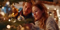 Young couple decorating Christmas tree together at home with warm festive lights creating cozy holiday atmosphere.