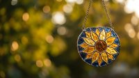 Stained glass sunflower suncatcher hanging outdoors with warm golden bokeh background creating peaceful garden atmosphere for home decor and meditation spaces.